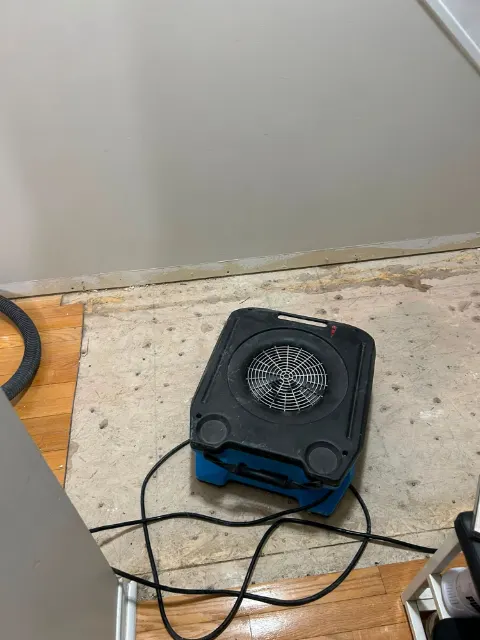 Air mover drying exposed subfloor where water-damaged hardwood was removed