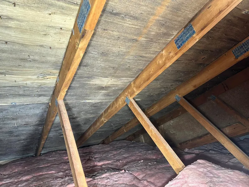 Attic roof sheathing inspection — exposed rafters and insulation