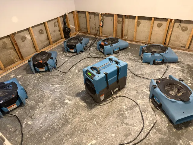 LGR dehumidifier and air movers drying a basement after a flood cut