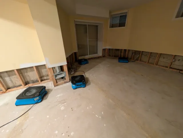 Basement with flood-cut walls and air movers by the patio door