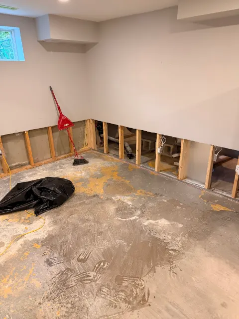 Flood-cut basement wall with the studs exposed