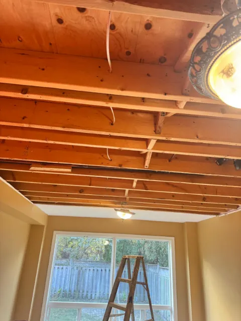 Ceiling opened to the joists after a leak from above