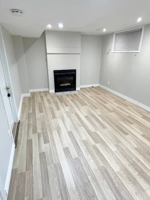 Finished basement with a fireplace and new flooring