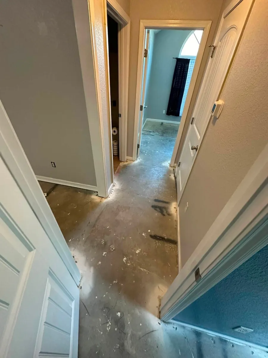 Hallway stripped to the subfloor during repairs