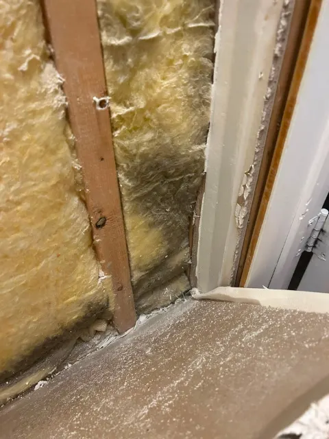 Mold-stained insulation at the bottom of a wall cavity next to a door frame