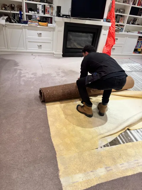 Technician rolling up wet carpet and underpad
