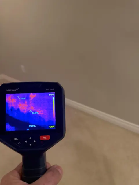 Thermal camera showing a cold, wet patch low on a wall above the carpet